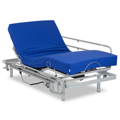 Articulated bed with viscoelastic sanitary mattress and railings