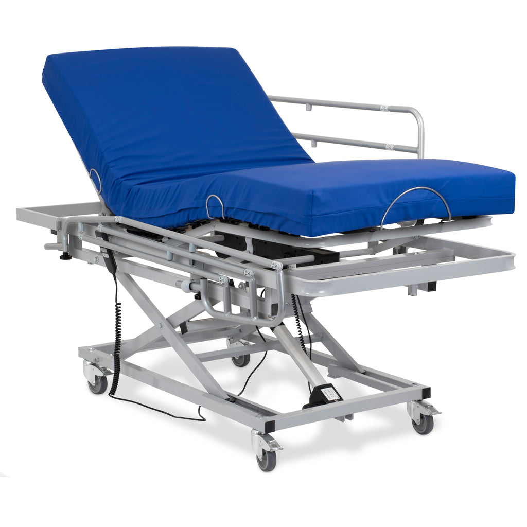 Hospital bed articulated with lifting car, railings and mattress