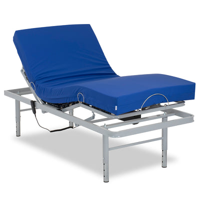 Articulated bed with adjustable legs and sanitary mattress