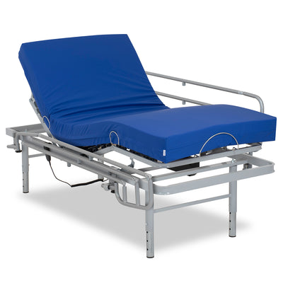 Articulated bed with adjustable legs, sanitary mattress and railings
