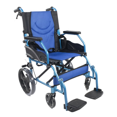 Aluminum folding wheelchair and blue handle brakes