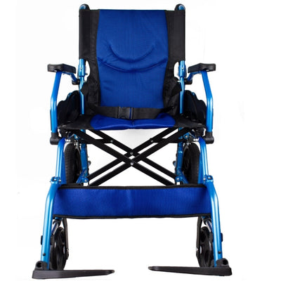 Aluminum folding wheelchair and blue handle brakes