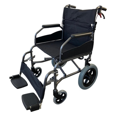 Transit folding wheelchair with small wheels and folding support