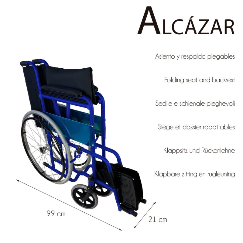 Folding wheelchair with large blue wheels