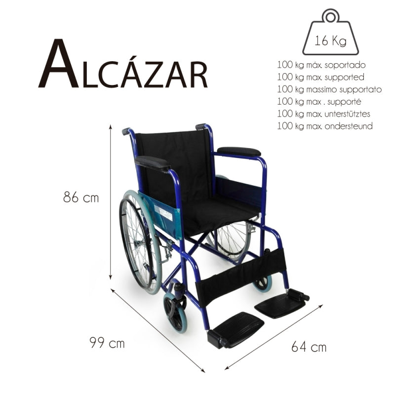 Folding wheelchair with large blue wheels